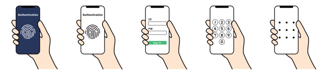 スマホの指紋認証やIDログインを行う手元のイラストセット © color