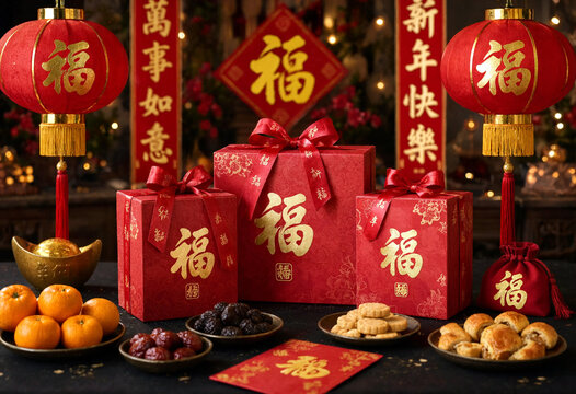 Traditional chinese new year celebration with red gift boxes food and decorations on table
