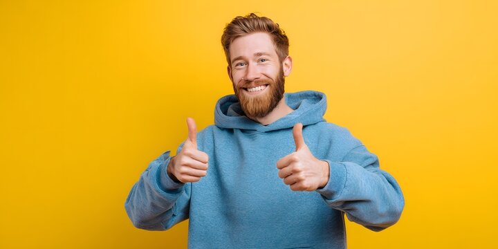 A cheerful man with reddish facial hair stands against a yellow background while giving two thumbs up in a blue hoodie.