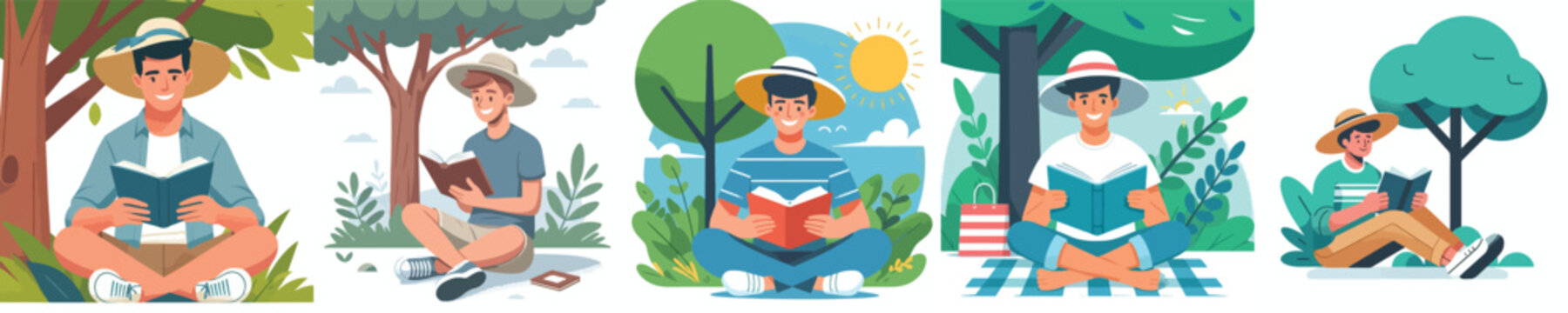 Flat vector illustration of a man sitting under a tree reading a book in summer