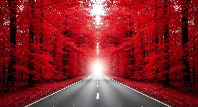 Empty road leading into a bright light in a red autumn forest