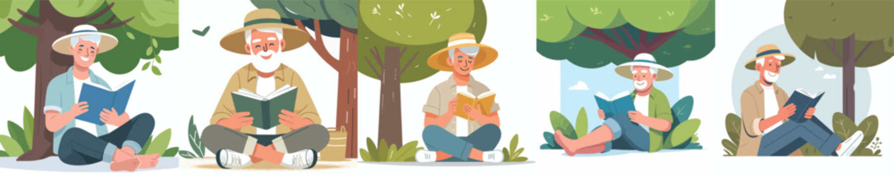 Flat vector illustration of a grandpa sitting under a tree reading a book in summer