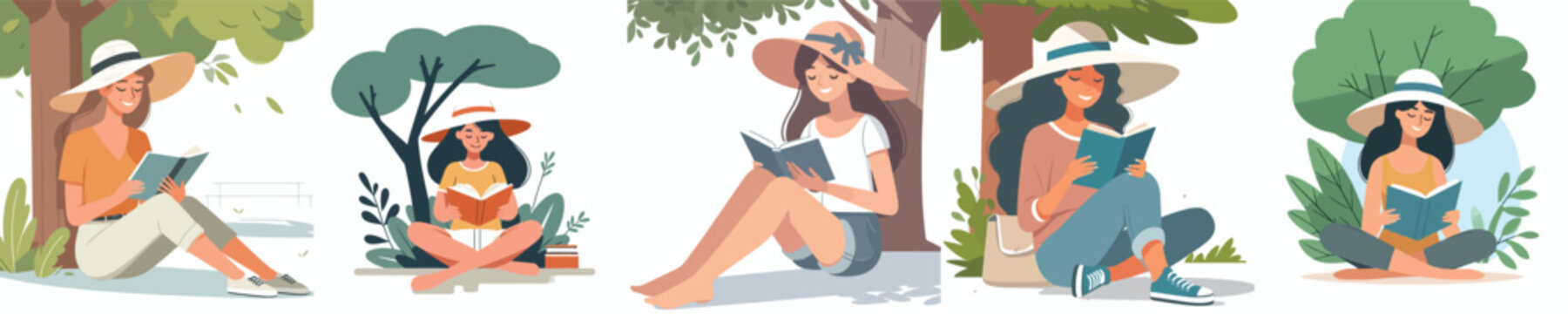 Flat vector illustration of a woman sitting under a tree reading a book in summer