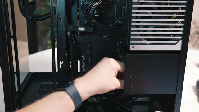 Routing power cable inside personal computer case, careful organization and routing of power cable behind the case panel during assembly and cable management
