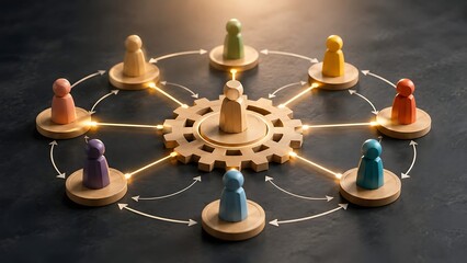 Obraz premium Wooden peg dolls connected to central figure on gear representing teamwork and business network