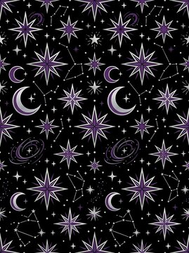 Seamless celestial pattern with purple stars and crescent moons