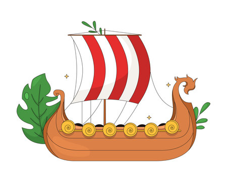 Viking longship 2D vector illustration. Ancient sailing ship. Norse mythology. Scandinavian history. Drakkar with botanical accents flat object isolated on white background. Colorful cartoon image