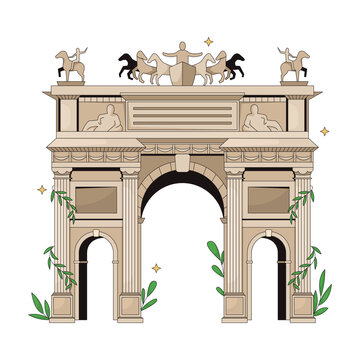 Arch of Peace in Milan 2D vector illustration. Neoclassical architecture with sculptural details. European landmark. Arco della Pace flat object isolated on white background. Colorful cartoon image