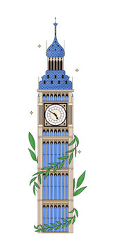 Big Ben clock tower landmark 2D vector illustration. London attraction. Historic building. Gothic revival architecture with foliage flat object isolated on white background. Colorful cartoon image