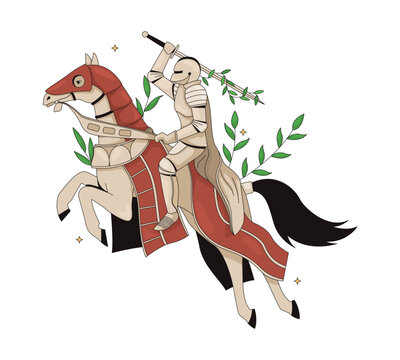 Medieval knight riding horse with raised sword 2D vector illustration. Horseback chivalry. European history. Noble battle jousting flat object isolated on white background. Colorful cartoon image