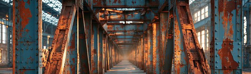 Fototapeta premium Industrial Bridge Perspective: An abandoned industrial bridge, its metal structure showing signs of rust and decay, stretches into the distance under the warm, golden light of sunset.