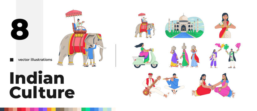 Indian culture and traditional lifestyle 2D vector illustration pack. Holi festival. Village life. South Asian folk flat characters isolated on white background. Colorful cartoon image collection