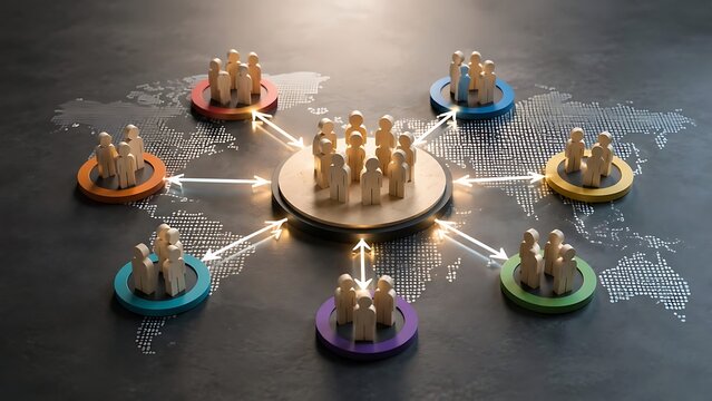 Wooden peg dolls connected on world map representing global business network and communication