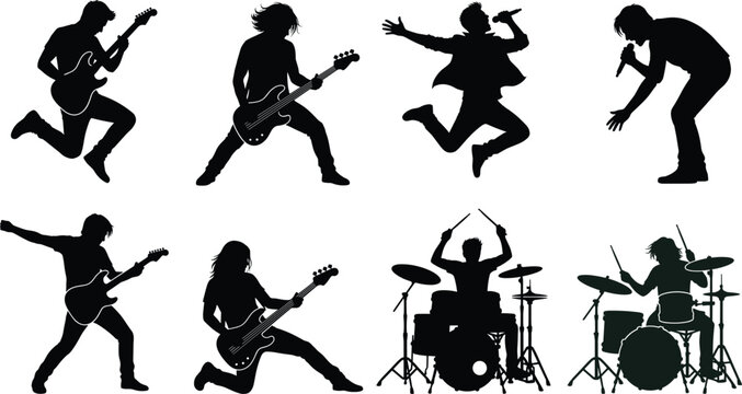 Rock Band Silhouettes Collection with Musicians Singing Guitar and Drums