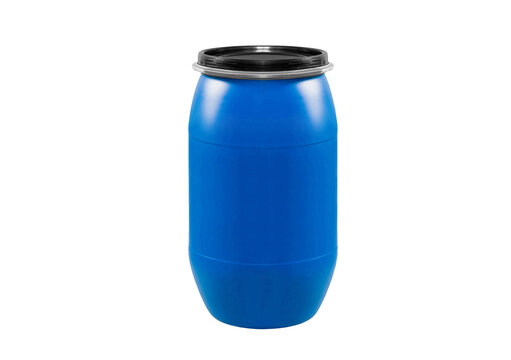 Blue plastic barrel with black lid isolated on transparent background.