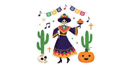 Naklejka premium Elegant skeleton catrina dancing in traditional mexican dress with maracas for day of the dead festival.