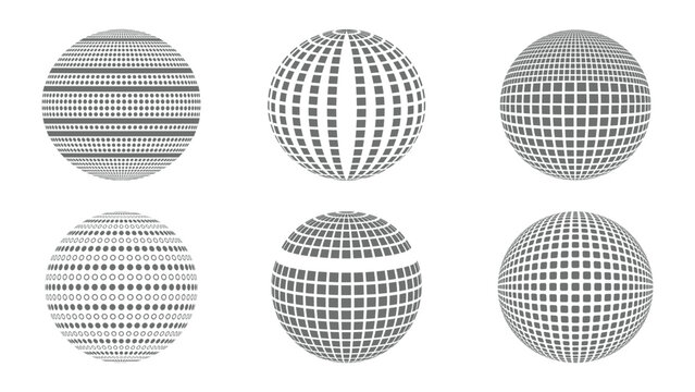 Set of six abstract halftone dot and square globe icons in grey - 3D wireframe sphere collection vector for technology business and logo design