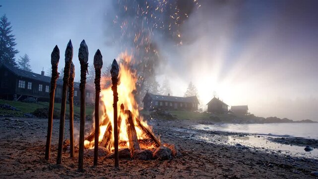 Ancient Spears by Campfire on Misty Beach at Dawn