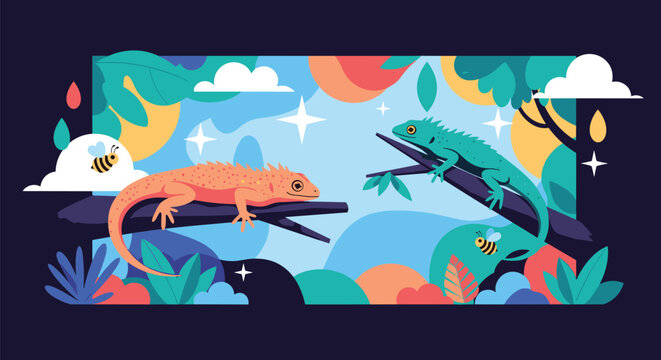 Two colorful exotic lizards sitting on branches in tropical wild jungle forest with bees flying around.