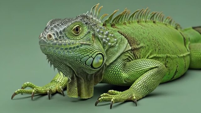 A vibrant green iguana resting peacefully on a solid muted grey background