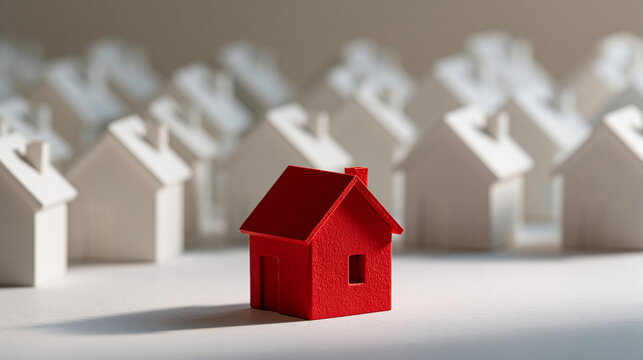 Stand Out Home: A solitary red house model stands out amongst a crowd of identical white house models, symbolizing uniqueness and distinction.
