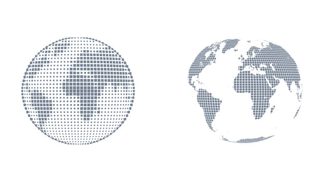 Two grey pixel globes with square dot pattern - abstract square halftone earth sphere pair vector for technology digital and global business design