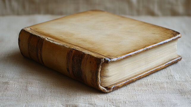 Thick vintage leather bound book resting on rustic wooden table close up