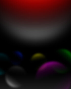 Abstract dark background with soft glowing multicolored light spheres and radial gradient light effect