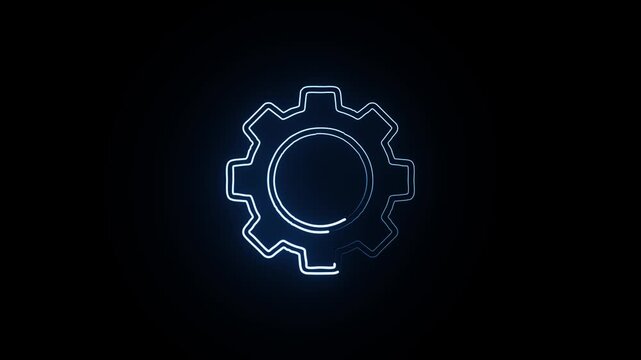 Neon blue gear icon animation on black background a glowing appears and rotates against a solid dark background, representing mechanical settings cog glowing mechanical settings technology