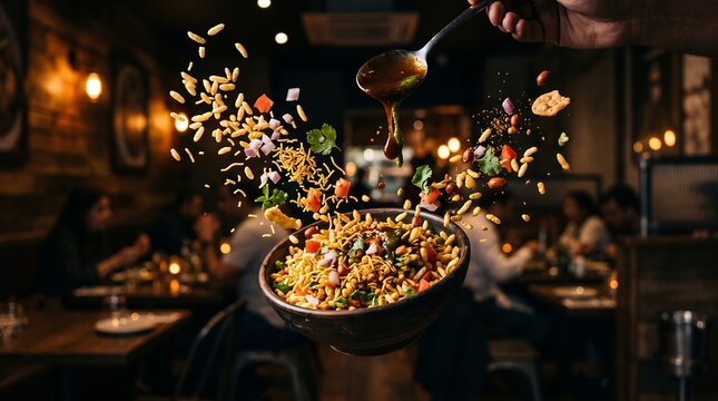 Bhel puri snack mix levitates above a bowl as a hand pours sauce in a busy restaurant.
