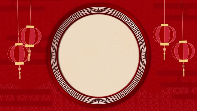 Chinese New Year background with red lanterns, oriental circular frame for text, traditional lunar new year celebration motion graphic