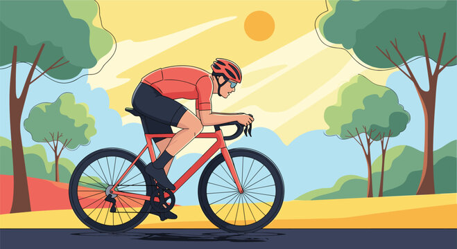 Professional cyclist riding a red road bike in a scenic park during a competitive outdoor training session.
