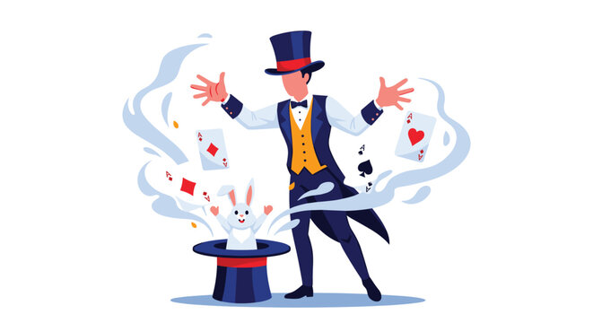 Talented illusionist presenting an amazing magic performance with a white rabbit popping out of a top hat.