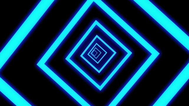 Abstract neon blue glowing diamond shapes creating an infinite tunnel effect on a black background.