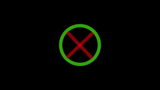 Green circle with red x mark animation an of a cross inside a on a black background, indicating a failed task or validation error cross error fail incorrect icon