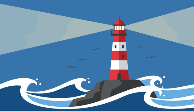 Vector landscape illustration of a red and white striped lighthouse shining on a rocky island with waves.