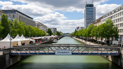 Fototapeta premium Scenic view of a tranquil urban canal with a pedestrian bridge and vibrant tree-lined streets during a sunny summer day in a bustling city