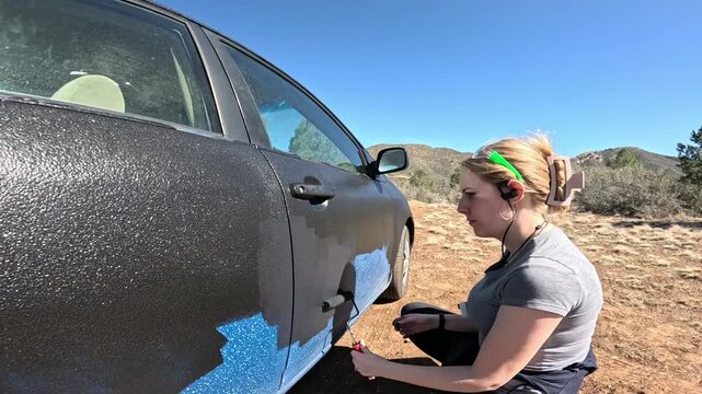woman inspecting car door in desert landscape side view neutral mood metallic body tool handle gray.