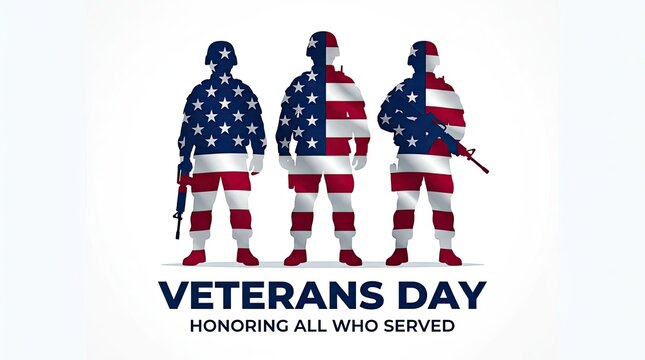 Patriotic illustration featuring three soldiers with american flag patterns to celebrate and honor heroes on veterans day