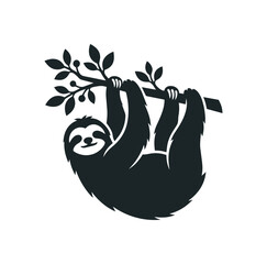 Obraz premium Stylized Silhouette of a Happy Sloth Hanging from a Tree Branch.