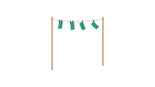 Banknotes hanging from clothesline with clothespins 2D cartoon object animation. Dirty money laundering. Illegal finance. Economic crime animated flat colorful 4K video isolated on transparent