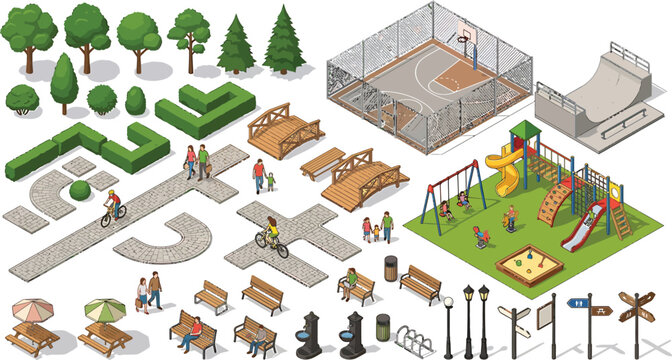 Isometric city park elements set with playground equipment trees benches and walking paths for urban landscape design