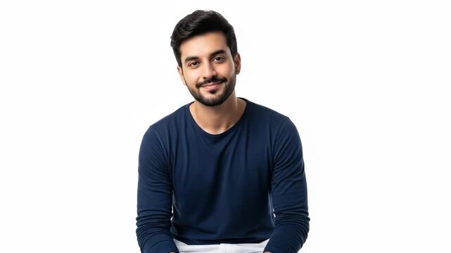 A handsome man with a beard wearing a navy blue long sleeved t-shirt isolated
