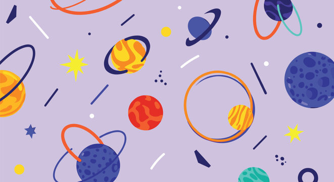 Vibrant and playful seamless pattern featuring various colorful planets, moons, and twinkling stars, creating a whimsical and abstract representation of outer space.