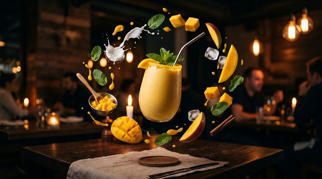 Mango smoothie sits on a wooden table surrounded by floating fruit pieces and fresh mint leaves.