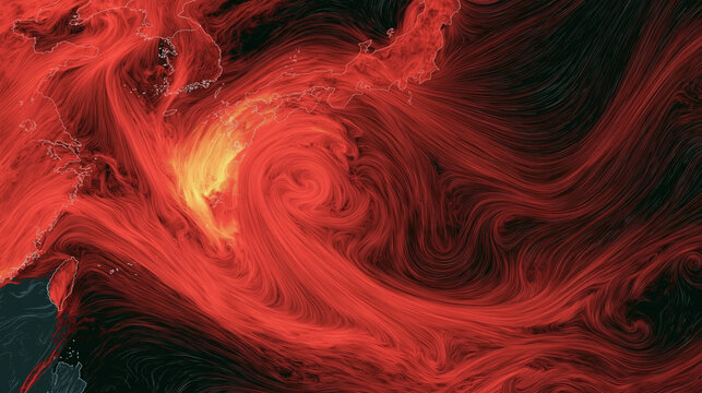Abstract Flow of Red Energy: A dynamic visualization of swirling red and yellow currents, suggesting powerful movement and intense energy. It evokes a sense of unseen forces and natural phenomena.