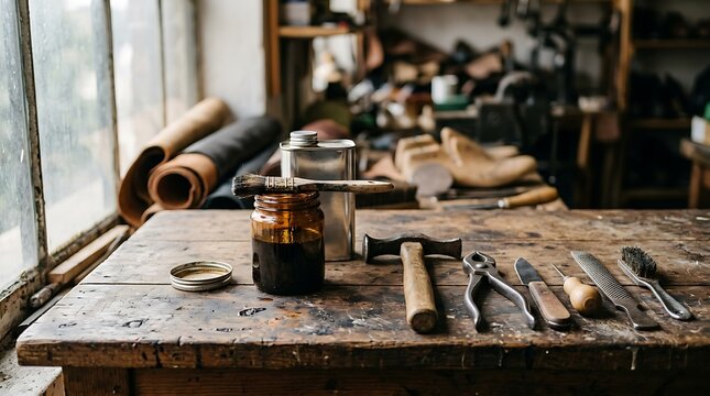 Artisan shoemaking tools and equipment on a rustic wooden workbench