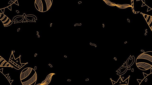 Golden party line art frame on black background, elegant celebration border with hand drawn carnival icons, festive luxury event video loop