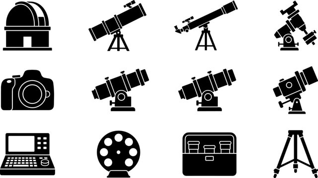 Astrophotography equipment icons set including telescope dome camera mount filter wheel vector silhouettes