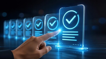 Obraz premium Hand interacting with glowing digital checkmark display representing online verification and data approval